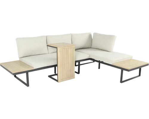 Gartenlounge mit Tischplatten und Polsterauflagen