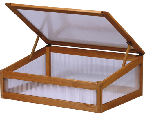 Frühbeet aus Holz mit Kunststoffscheiben und geöffnetem Deckel