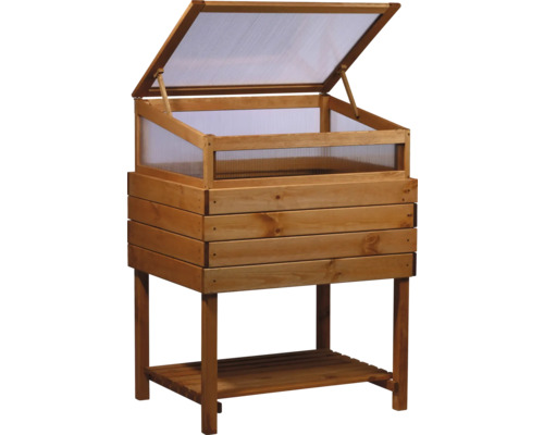 Hochbeet aus Holz mit geöffnetem Deckel