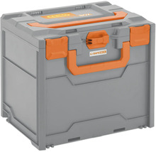 Graue Lagerbox aus Kunststoff mit orangefarbenen Akzenten
