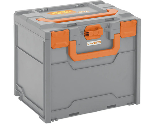 Graue Lagerbox aus Kunststoff mit orangefarbenen Akzenten