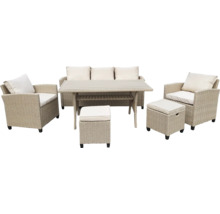 Gartenmöbelset mit Sofa, Tisch, Sesseln und Hockern aus Rattan