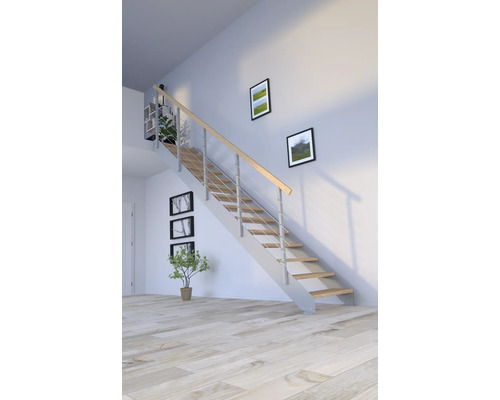 Escalier à limons Pertura Libra chêne sans contremarches peint par poudrage droit 16 Pièce(s) marches/17 pas de marche garde-corps à barres verticales Escalier à limons Pertura Libra chêne sans contremarches peint par poudrage droit 16 Pièce(s) marches/17 pas de marche garde-corps à barres verticales