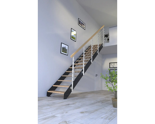 Escalier à limons Pertura Libra chêne sans contremarches peint par poudrage droit 10 Pièce(s) marches/11 pas de marche garde-corps à barres verticales Escalier à limons Pertura Libra chêne sans contremarches peint par poudrage droit 10 Pièce(s) marches/11 pas de marche garde-corps à barres verticales