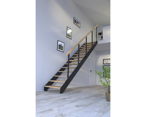 Escalier à limons Pertura Libra chêne sans contremarches peint par poudrage droit 10 Pièce(s) marches/11 pas de marche garde-corps à barres verticales Escalier à limons Pertura Libra chêne sans contremarches peint par poudrage droit 10 Pièce(s) marches/11 pas de marche garde-corps à barres verticales