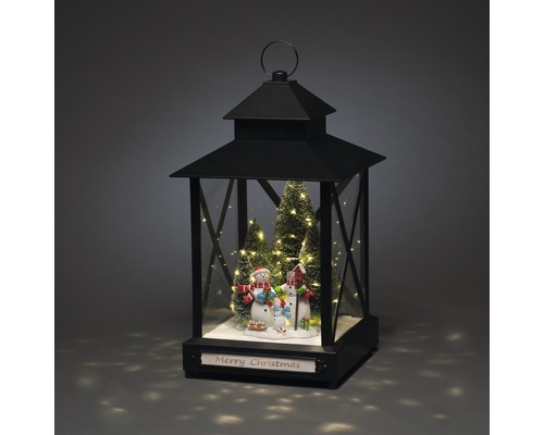 Dekorative Laterne mit Schneemannfamilie und Weihnachtsbotschaft