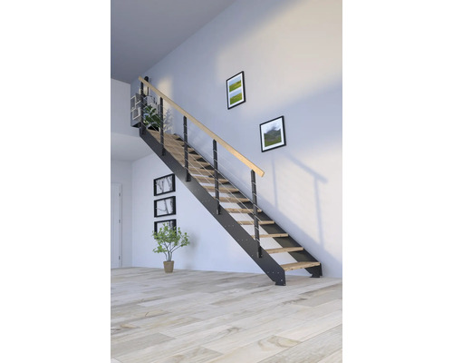 Escalier à limons Pertura Libra chêne rustique sans contremarches peint par poudrage droit 11 Pièce(s) marches/12 pas de marche garde-corps à barres verticales Escalier avec marches en bois et rampe métallique dans une pièce lumineuse