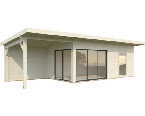 Abri de jardin moderne avec véranda couverte et portes coulissantes en verre