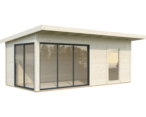 Abri de jardin en bois avec de grandes fenêtres en verre et toit plat