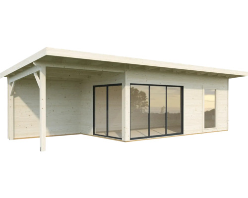 Maison de jardin moderne avec de grandes fenêtres et une véranda couverte