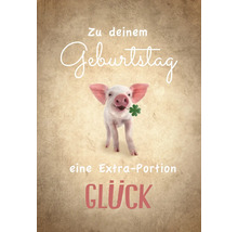 Geburtstagskarte mit Schwein und Kleeblattmotiv
