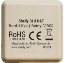 Shelly BLU H&T Sensorinformationen, inklusive RoHS und CE Konformitätszeichen.