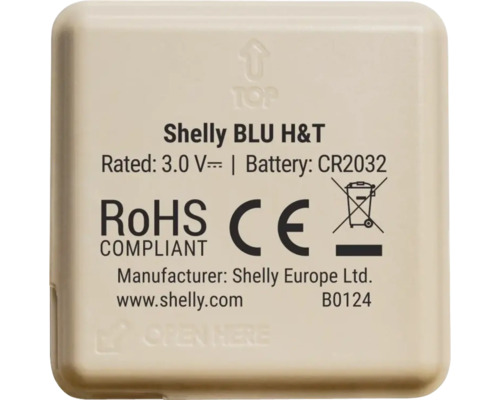 Shelly BLU H&T Sensorinformationen, inklusive RoHS und CE Konformitätszeichen.