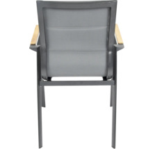 Rückansicht eines Gartenstuhls mit Armlehnen aus Aluminium und Holz