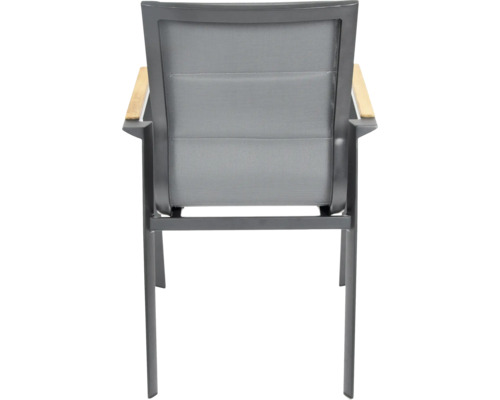 Rückansicht eines Gartenstuhls mit Armlehnen aus Aluminium und Holz