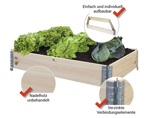Hochbeet aus unbehandeltem Nadelholz mit verzinkten Verbindungselementen und Salatpflanzen