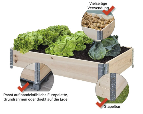 Hochbeet aus Holz mit Gemüsepflanzen und Hinweisen zur vielseitigen Verwendung, Stapelbarkeit und Passform auf Europaletten