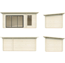 Vues d''une cabane de jardin en bois avec porte coulissante et toit monopente