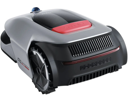 Rückansicht eines grauen Mähroboters