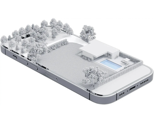 Smartphone mit Darstellung eines Hauses mit Pool und Garten