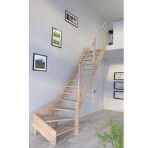 Vue d''une pièce avec escalier en bois et garde-corps en acier inoxydable