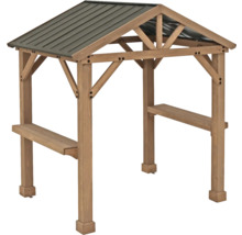 Holzpavillon mit Metalldach und seitlichen Ablageflächen