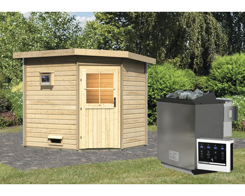 Chalet sauna Karibu Rubin 2 avec poêle bio 9 kW, commande externe et porte en bois avec verre isolant thermiquement