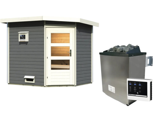Chalet sauna Karibu Rubin 2 avec poêle 9 kW et commande externe, avec porte en bois avec verre transparent gris terre cuite/blanc