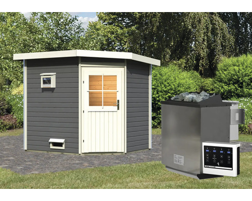Chalet sauna Karibu Rubin 2 avec poêle bio 9 kW, commande externe et porte en bois avec verre isolant thermiquement gris terre