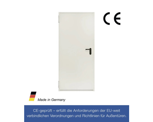 Weisse Aussentür mit schwarzem Griff und CE-Kennzeichnung