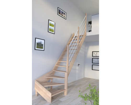 Escalier à limon latéral Pertura Notos hêtre bois lamellé-collé sans contremarches 1/4 tournant en bas à droite 83 cm 13 marches 14 pas de marche garde-corps à barres verticales droite hêtre blanc