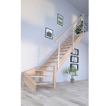 Escalier en bois avec rampe en acier inoxydable dans une pièce lumineuse