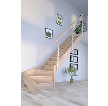 Escalier en bois avec rampe en acier inoxydable dans une pièce lumineuse