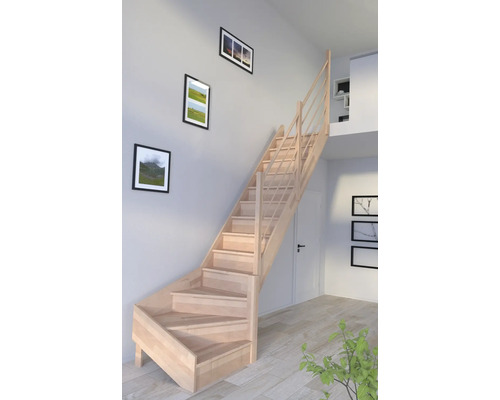 Escalier à limon latéral Pertura Notos hêtre bois lamellé-collé avec contremarches 1/4 tournant en bas à droite 83 cm 13 marches 14 pas de marche garde-corps à barres verticales droite hêtre