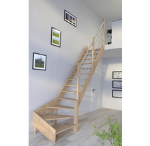 Escalier en bois avec rampe dans une pièce à vivre.
