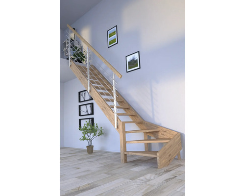Escalier à limons Pertura Notos chêne sans contremarches non traité 1/4 tournant en bas à gauche 13 Pièce(s) marches/14 pas de marche garde-corps à barres verticales Escalier en bois avec rampe en métal dans une pièce lumineuse