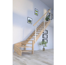 Escalier en bois avec rampe en métal dans une pièce lumineuse