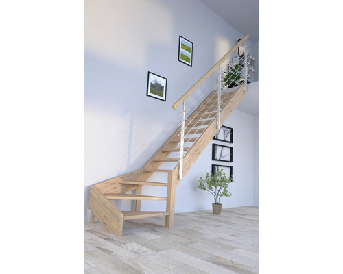 Escalier à limons Pertura Notos chêne sans contremarches non traité 1/4 tournant en bas à droite 13 Pièce(s) marches/14 pas de marche garde-corps à barres verticales Escalier en bois avec rampe en métal dans une pièce lumineuse