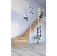 Escalier en bois avec rampe en acier inoxydable dans une pièce lumineuse