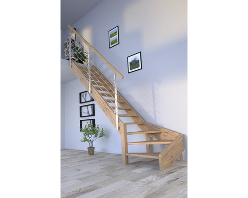 Escalier à limons Pertura Notos chêne sans contremarches non traité 1/4 tournant en bas à gauche 13 Pièce(s) marches/14 pas de marche garde-corps à barres verticales Escalier en bois avec garde-corps en métal dans une pièce lumineuse.