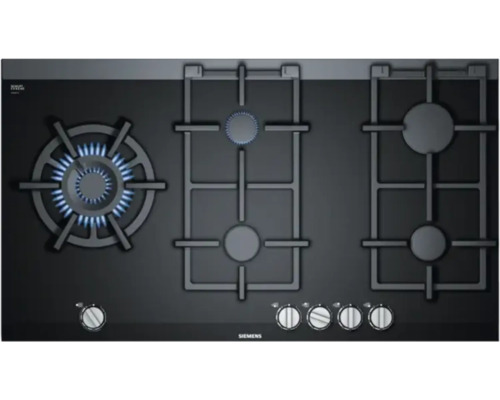 Table de cuisson à gaz Siemens ER9A6SB70 90 cm 5 zones de cuisson autonomes Plaque de cuisson à gaz Siemens avec trois brûleurs, dont un est en marche