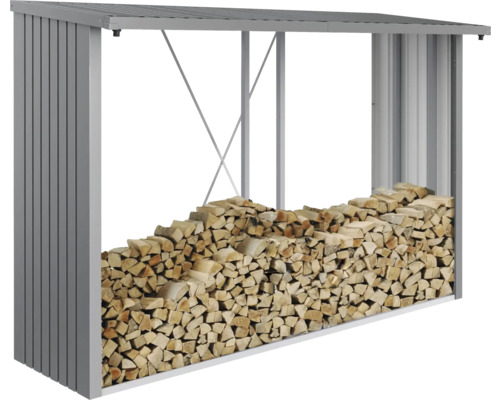 Holzlagerregal aus Metall mit Holzscheiten