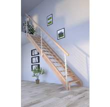 Escalier en bois avec rampe en acier inoxydable dans une pièce lumineuse