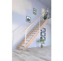 Escalier en bois avec rampe en acier inoxydable dans une pièce lumineuse