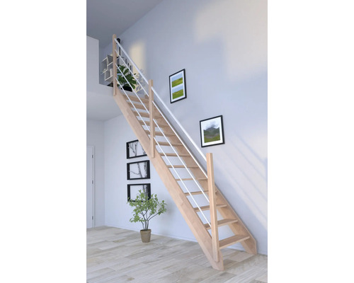 Escalier à limon latéral Pertura Notos hêtre bois lamellé-collé sans contremarches droit 83 cm 13 marches 14 pas de marche garde-corps à barres verticales gauche hêtre blanc