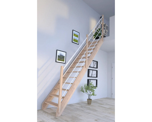 Escalier à limon latéral Pertura Notos hêtre bois lamellé-collé sans contremarches droit 83 cm 13 marches 14 pas de marche garde-corps à barres verticales droite hêtre blanc