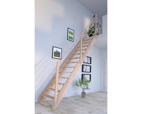 Escalier à limon latéral Pertura Notos hêtre bois lamellé-collé sans contremarches droit 93 cm 13 marches 14 pas de marche garde-corps à barres verticales droite hêtre