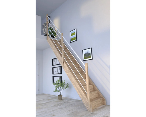 Escalier à limons Pertura Notos chêne avec des contremarches non traité droit 13 Pièce(s) marches/14 pas de marche garde-corps à barres verticales Escalier en bois avec rampe en intérieur