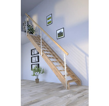 Escalier en bois avec rampe en acier inoxydable dans une pièce lumineuse.