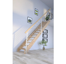 Escalier en bois avec rampe en métal dans une pièce lumineuse.